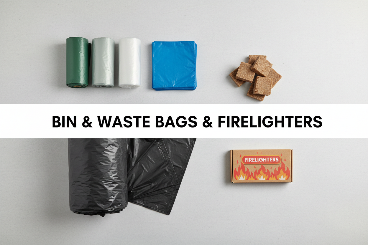 BIN & WASTE BAGS AND FIRELIGHTERS, STICKS AND LOGS