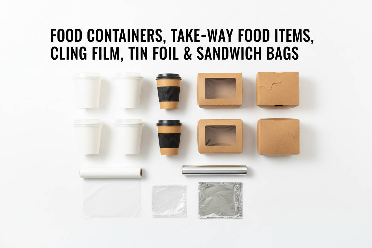 FOOD CONTAINERS, LABELS, TAKE-AWAY FOOD ITEMS, CLING FILM, TIN FOIL & SANDWICH BAGS