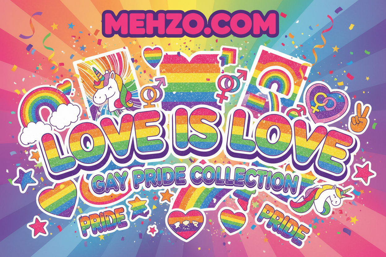 MEHZO PRINTED - LOVE IS LOVE GAY PRIDE COLLECTION FLAGS, WALL ART, BADGES, STICKERS & MORE