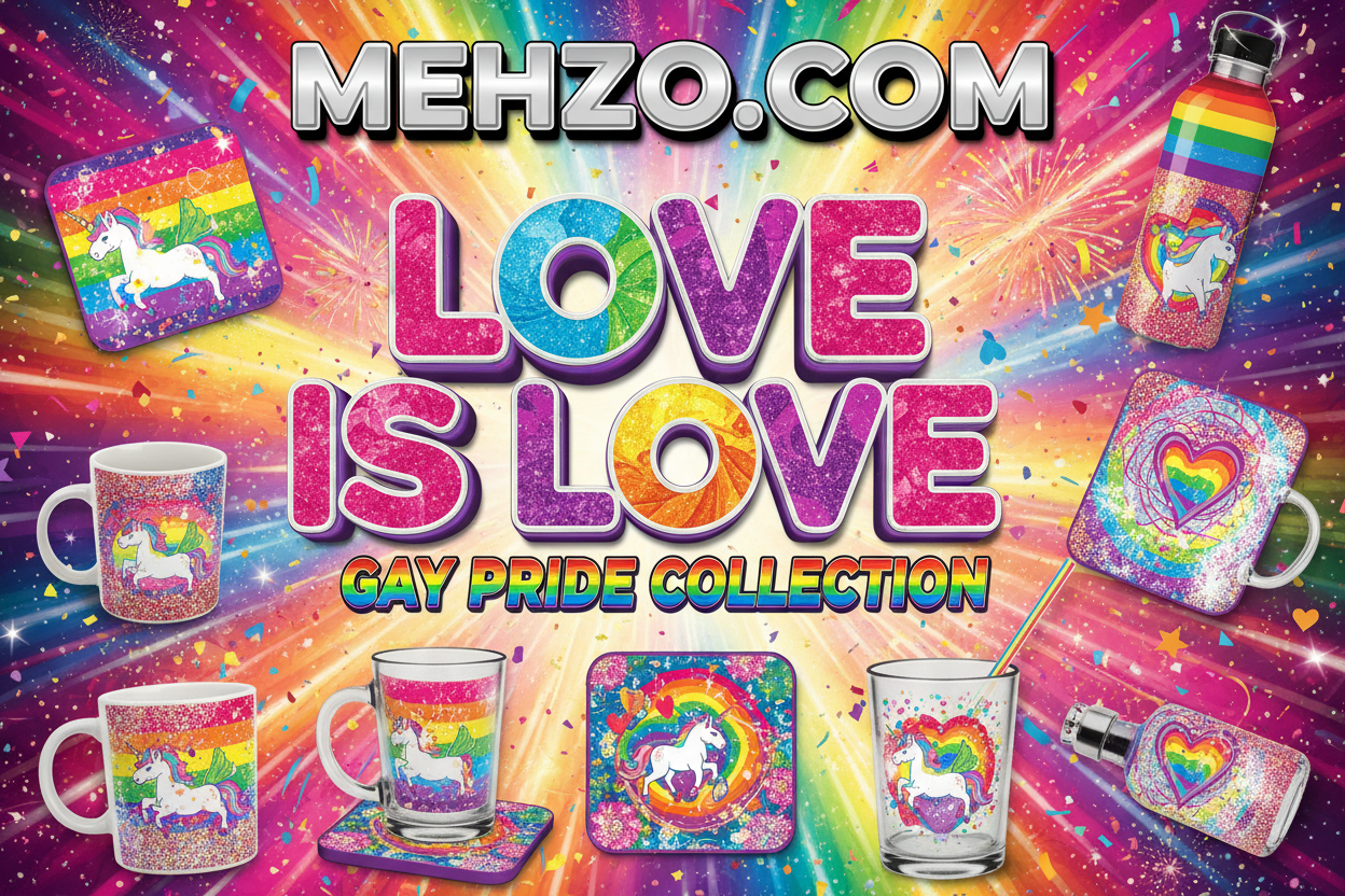 MEHZO PRINTED - LOVE IS LOVE GAY PRIDE COLLECTION MUGS, GLASSES, COASTERS, WATER BOTTLES & MORE