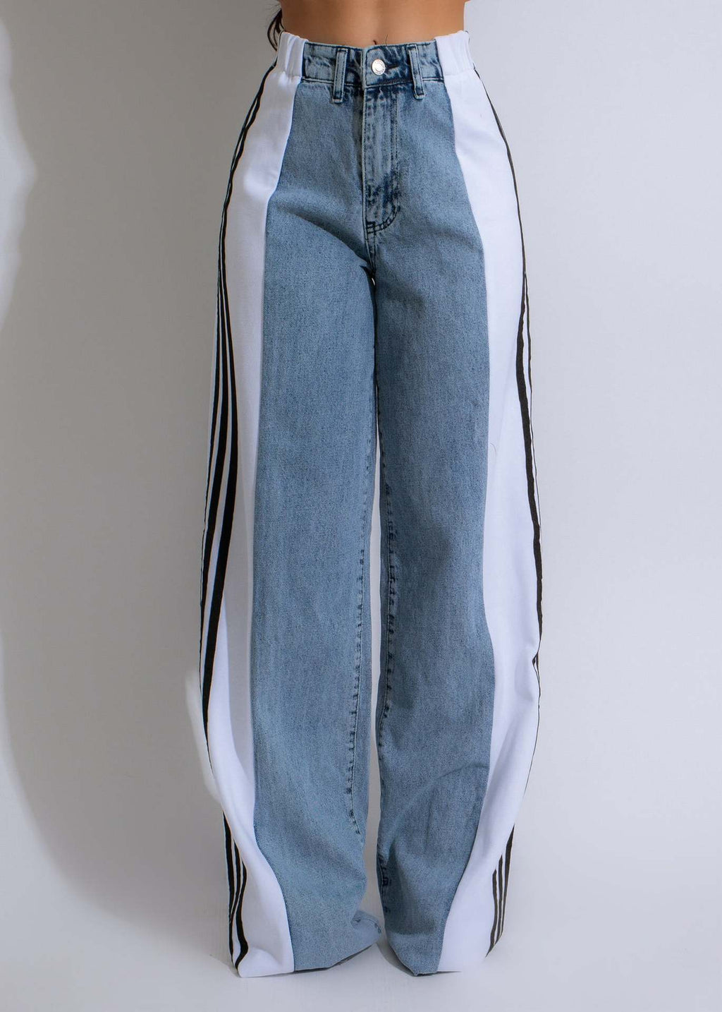 Fashion Casual High Waist Elastic Straight Leg Trousers Three Stripe Patchwork Denim Wide Leg Pants Streetwear