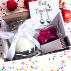 Small Best Dog Mum Gift Hamper Heart Earrings Chocolates & Candle