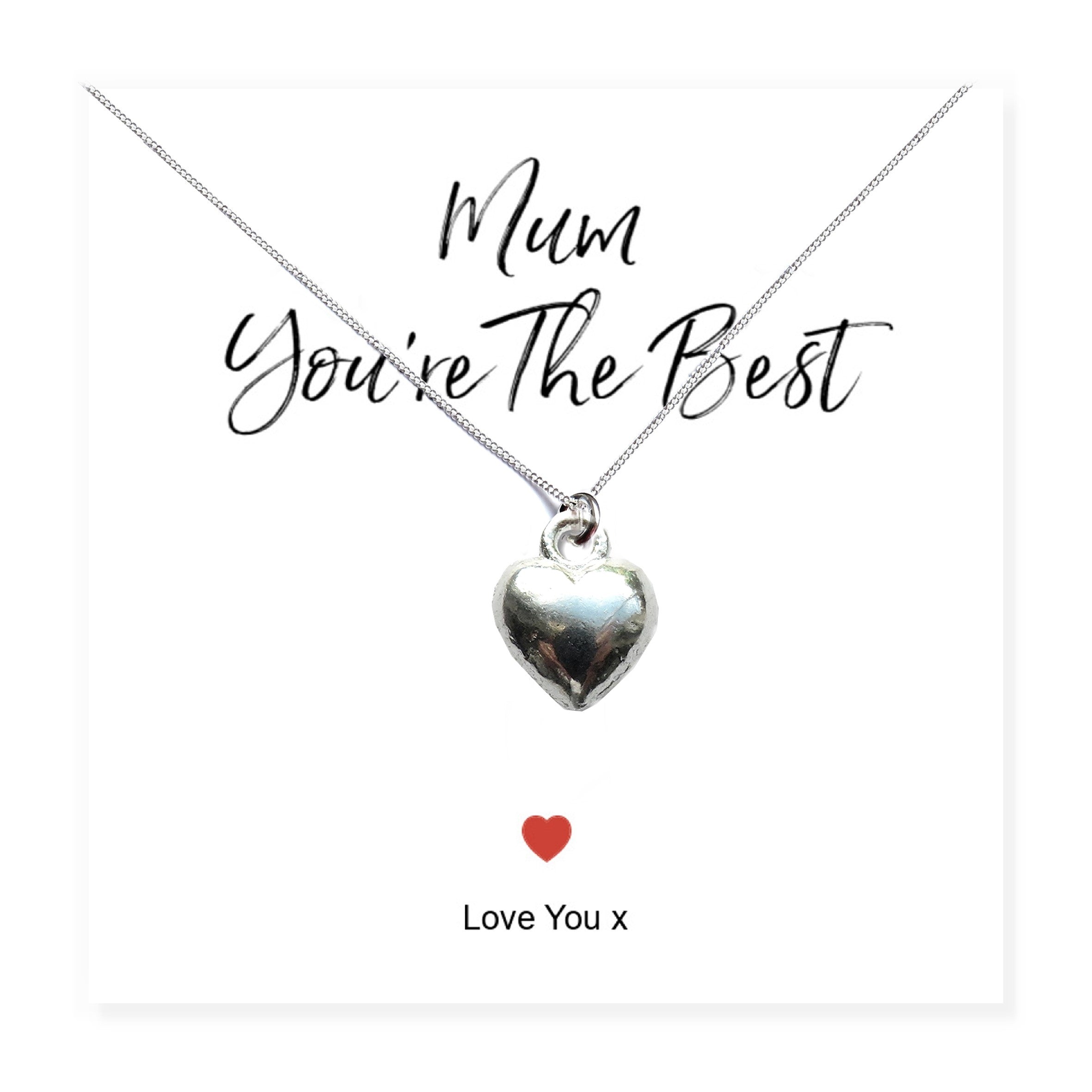 Mum Heart Necklace Gift Card, You’re The Best Mum Necklace, Silver Heart Pendant