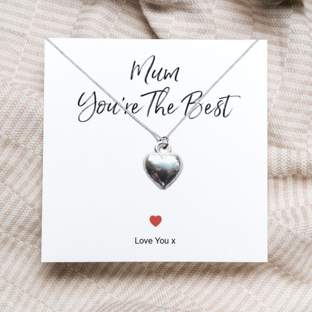 Mum Heart Necklace Gift Card, You’re The Best Mum Necklace, Silver Heart Pendant