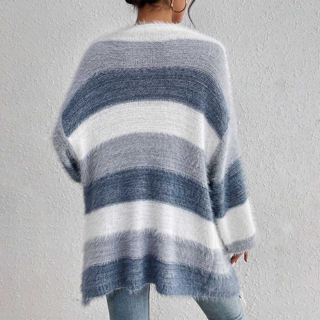 Women's Striped Colorblock Knitted Plush Coat