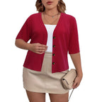 Elegant Half-Sleeve Slightly Stretchy Cardigan With Four Buttons
