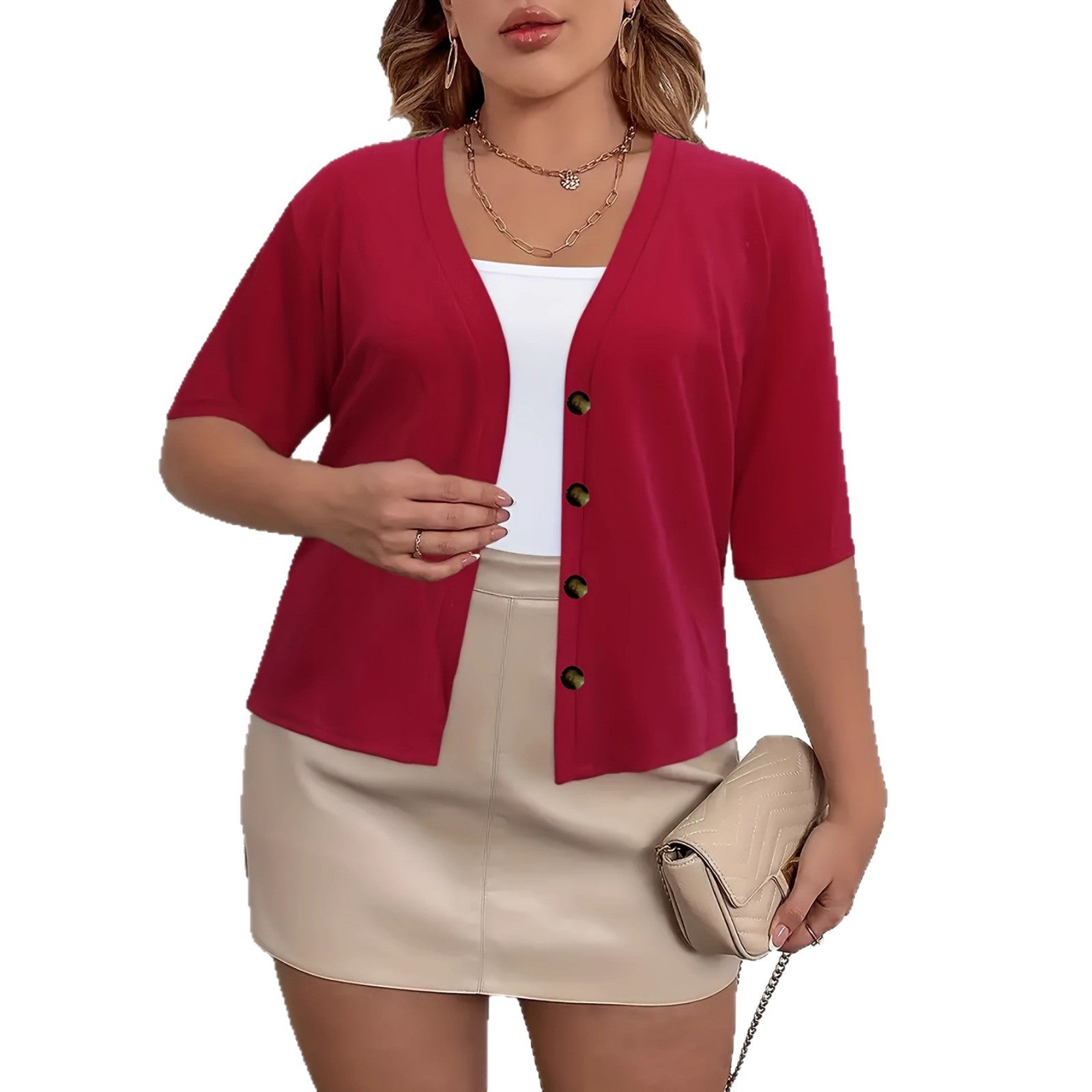 Elegant Half-Sleeve Slightly Stretchy Cardigan With Four Buttons