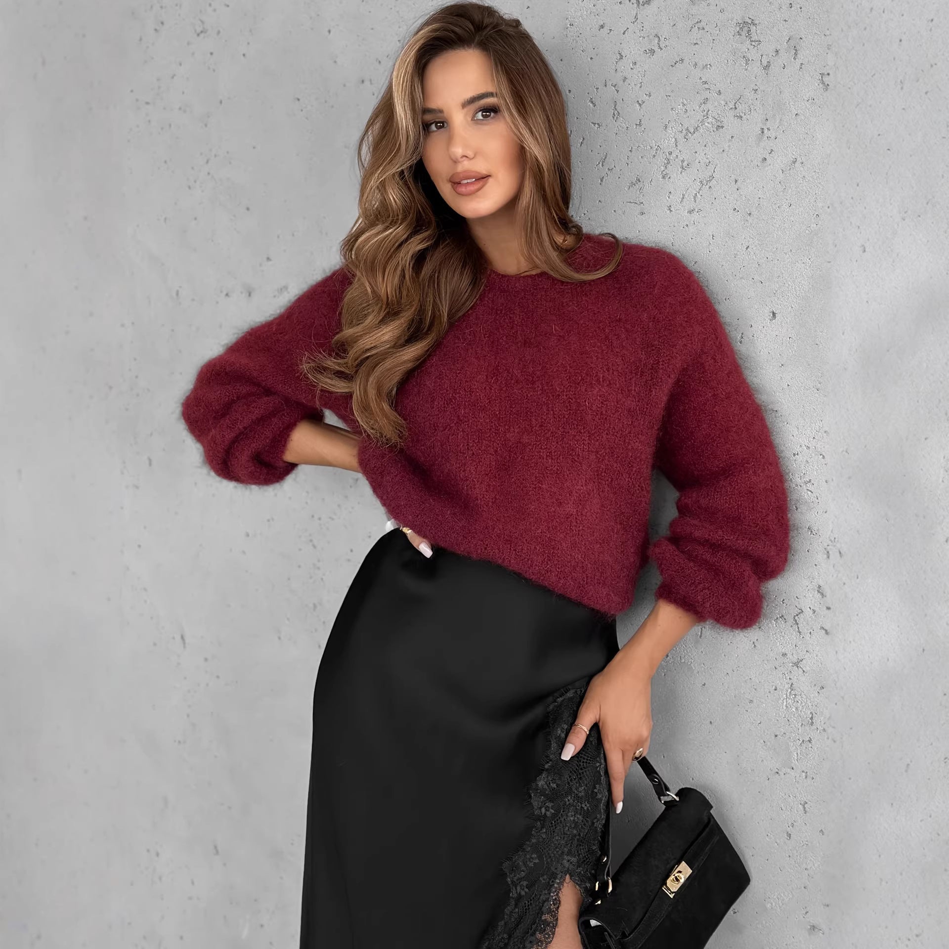 Spring New High-Slit Satin Skirt Solid Color