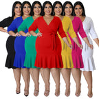 Sexy V-Neck Lace-Up Bodycon Dress With Ruffled Hem Plus-Size Women's Wear
