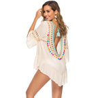 Hollowed-out Backless Beach Cover-up With Colorful Pom-poms And Tassels