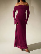 Black Off-Shoulder Maxi Dress With Glitter Detail And Mesh Sleeves