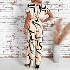 Women's Retro Waist-Cinching Figure-Flattering Elegant Short-Sleeve Printed Jumpsuit