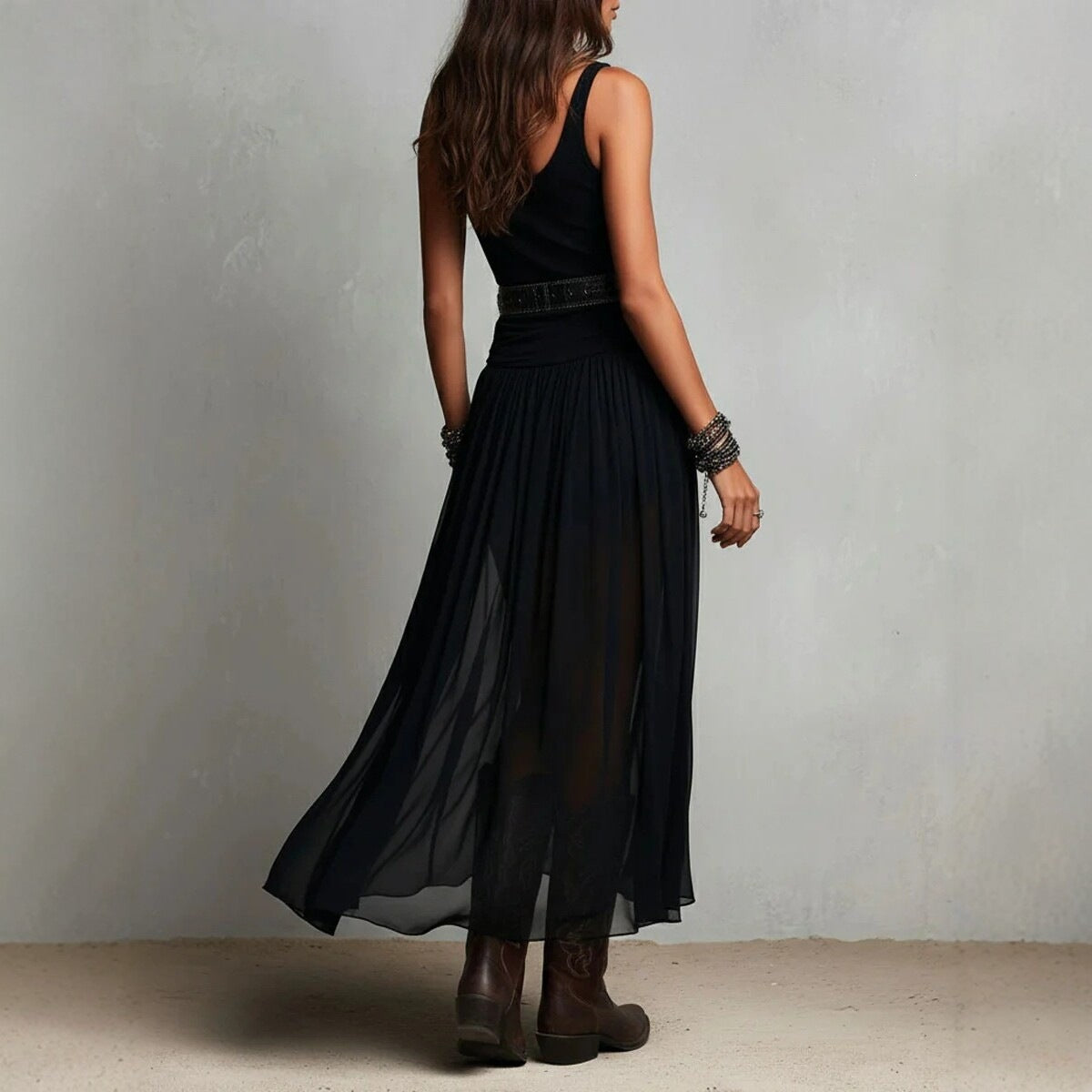 European And American-style Black Strap Long Dress