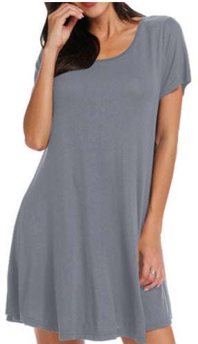 New Women's Round-neck Solid-color Casual Short-sleeve Swing Dress With Pockets