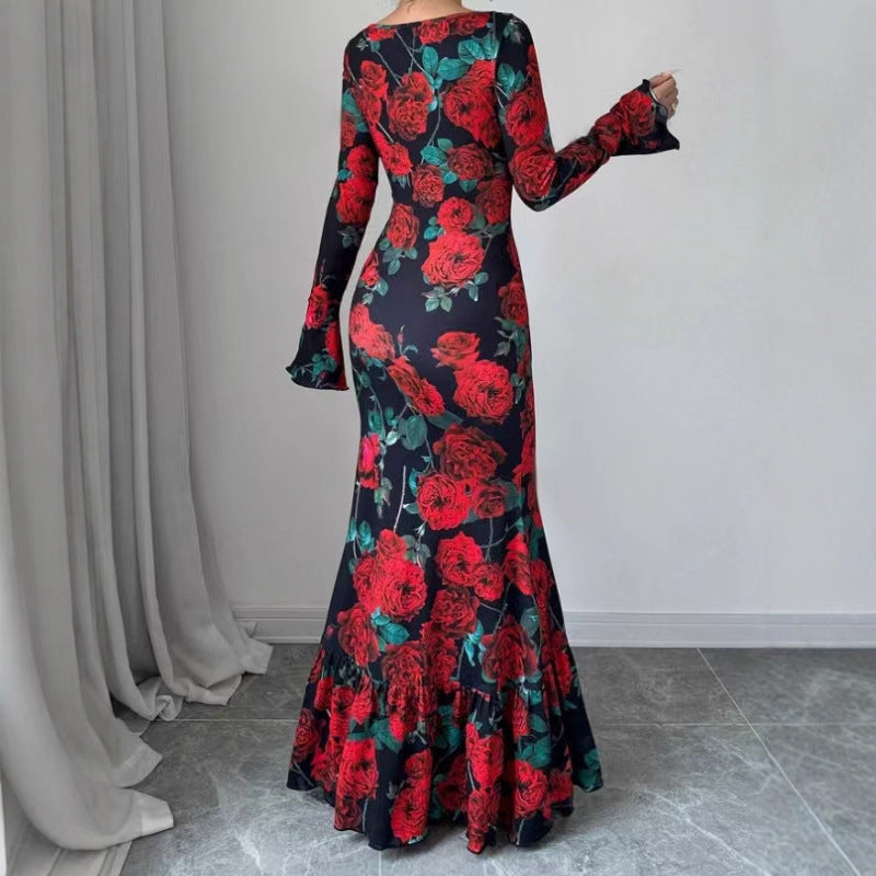Elegant And Slim-fitting Round Neck Rose Floral Flared Sleeve Bodycon Dress