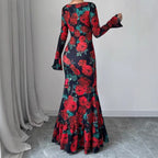 Elegant And Slim-fitting Round Neck Rose Floral Flared Sleeve Bodycon Dress