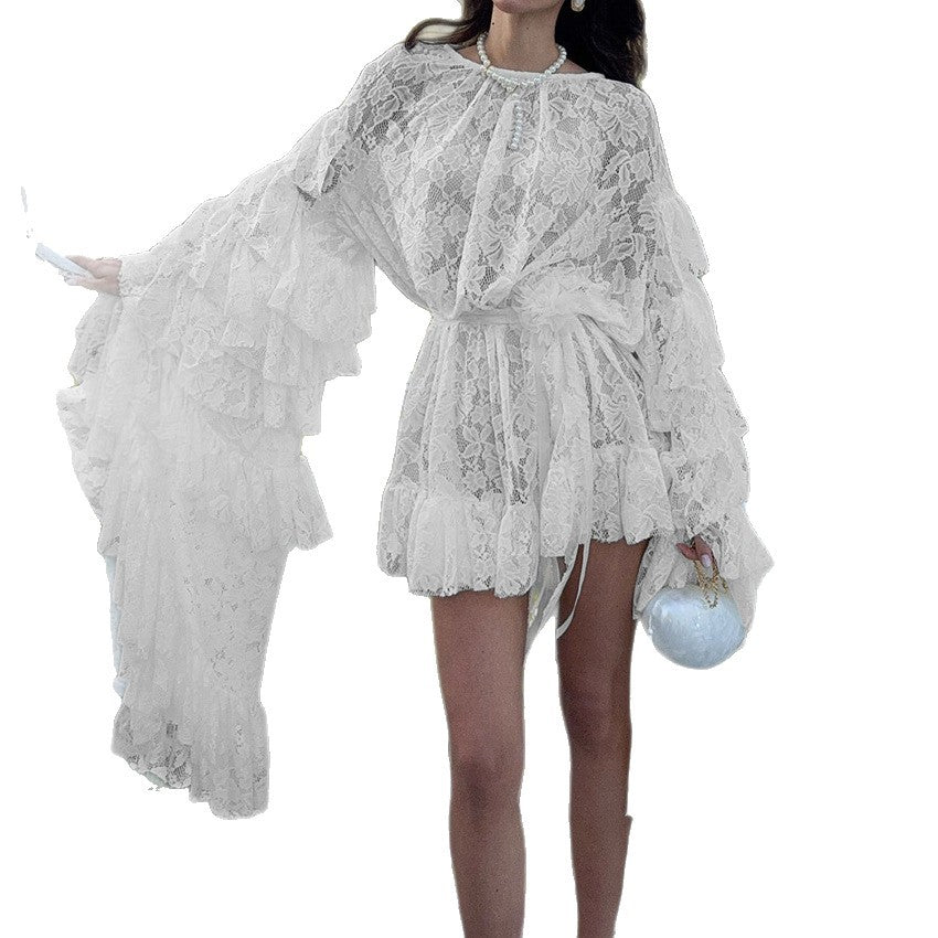 New Autumnwinter Lace Sheer Ruffled Long-sleeve Cropped Dress