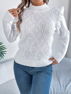 Women Solid Color Ruffled Mock Neck Long Sleeve Pullover Sweater