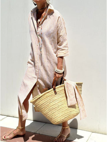 Striped Shirt Dress With Belt Fashion Half-sleeved Lapel Button Cardigan Dresses Women's Clothing