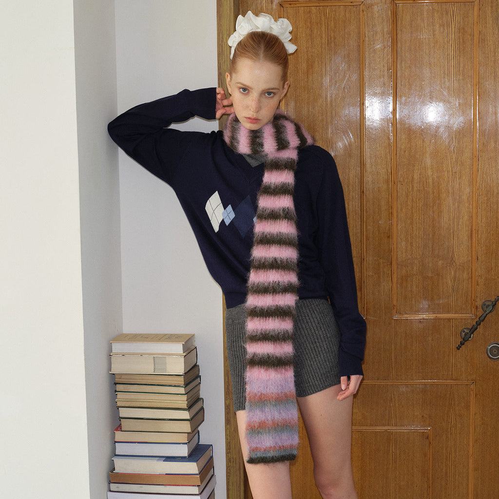 Contrast-color Striped Knit Women's Narrow Soft And Fluffy Wool Scarf