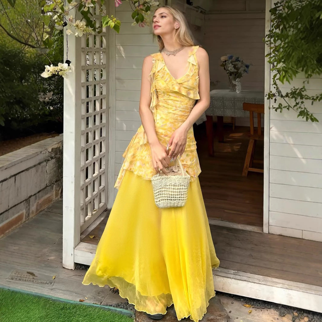 Yellow Floral-print V-neck Slip Dress With High Waist And Mesh Paneling