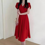 Women's Solid-Color French-Style Cross-Neckline Lace-Up Bud Dress