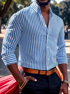 Ins Stripe Printed Long Sleeve Shirt Men Fashion Casual Lapel Button Top Clothing