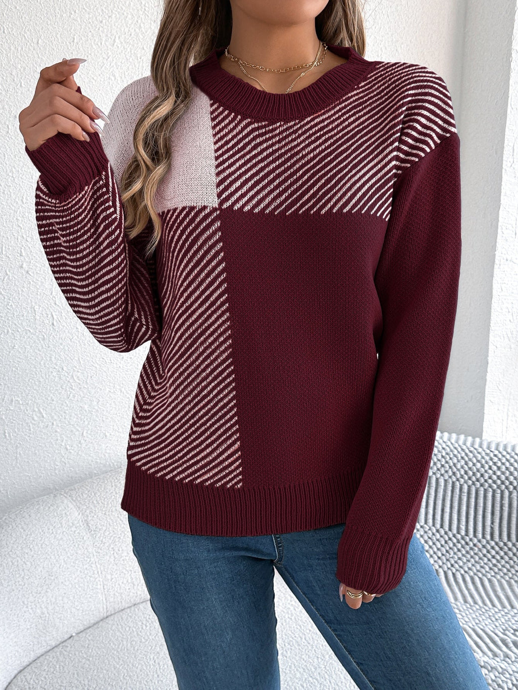 Women Casual Color Block Plaid Long Sleeve Pullover Sweater