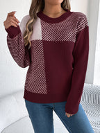 Women Casual Color Block Plaid Long Sleeve Pullover Sweater