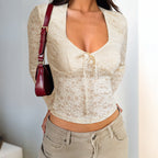 Girl-group-style Sexy Long-sleeve T-shirt Top With Lace For Women
