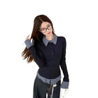 Polo Collar Fake Two Piece Bottoming Slim Fit Top