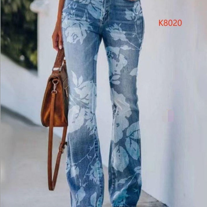 Plus Size Printed Denim Thin Casual Pants