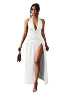 Elegant Halter Neck Long Dress - Sexy Backless V-Neck Maxi with Side Slit and Ruched Detail, High Waist Slimming Design for Women