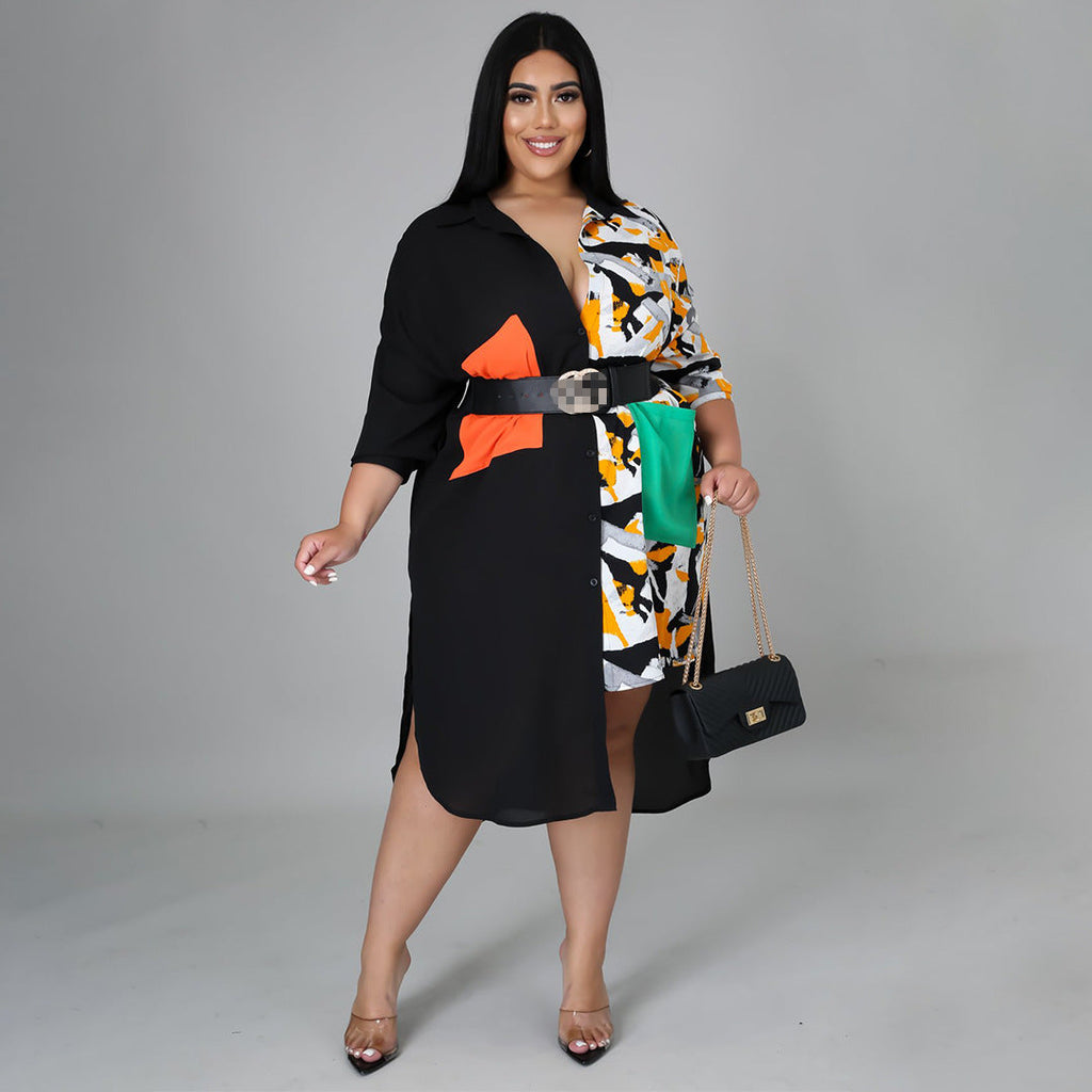 Distinctive Shirt Leopard-print Patchwork With Pockets Plus-size Dress