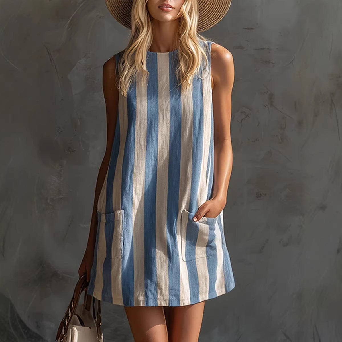 Women's Retro Striped Sleeveless Crew-Neck Cotton-Linen Mini Dress
