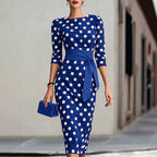 Retro Polka-dot Navy Blue Belted Waist-hugging Elegant Dress