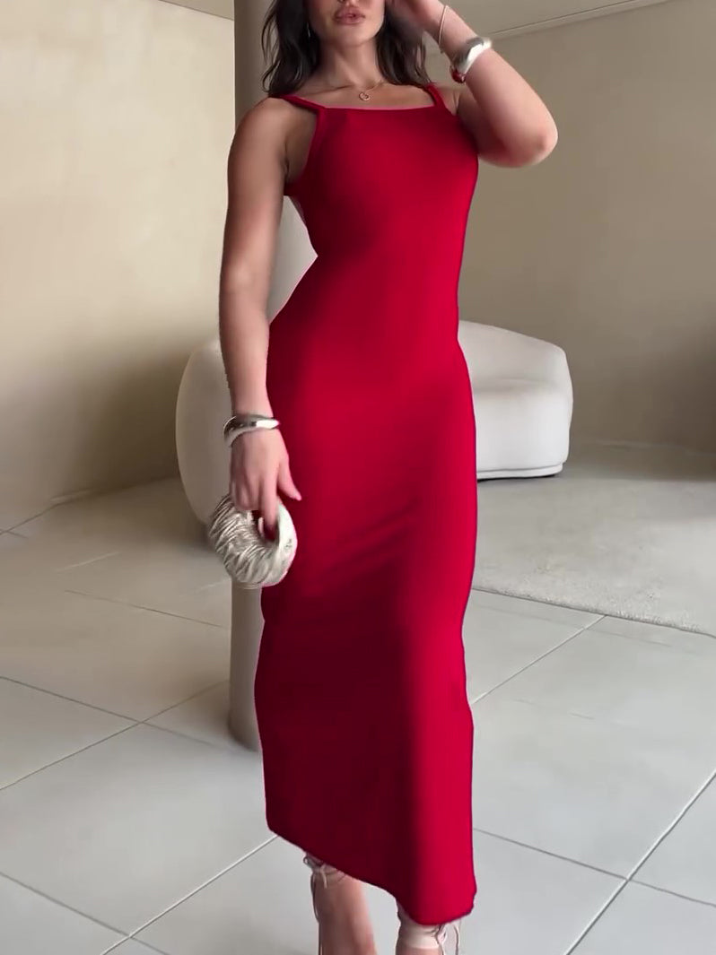 Red Zippered Backless Sling Dress