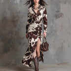 Digital-print Cardigan Long-sleeve Button-down Irregular-length Dress