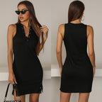 Solid-color Sheath Skirt, V-neck Sleeveless Vest, Black Dress