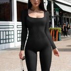 Women's Yoga Sports Fitness Jumpsuit Workout Long Sleeve Square Collar Clothing