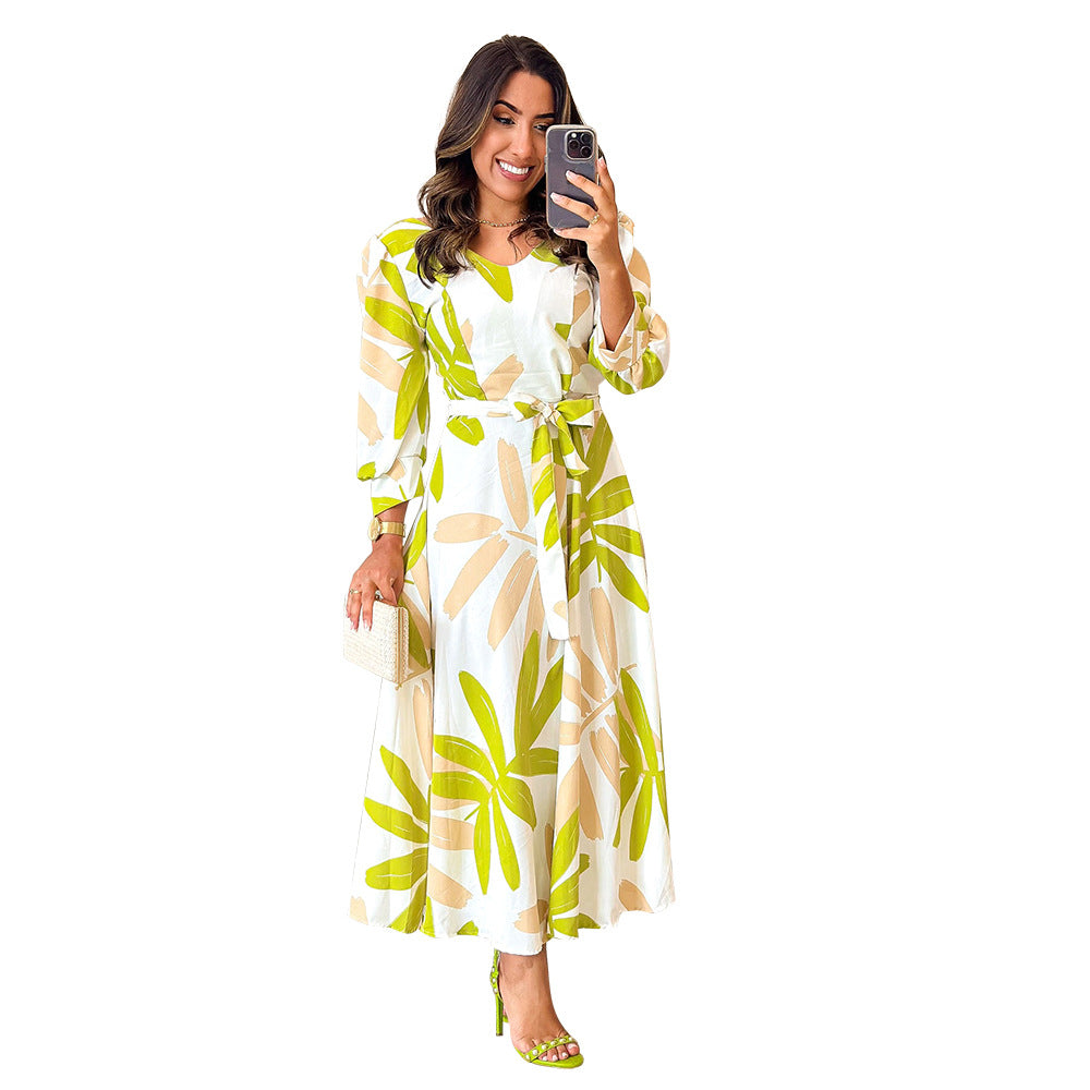 Women's Loose-Fit Casual Waist-Cinching Printed Long-Sleeve Dress With Drawstring