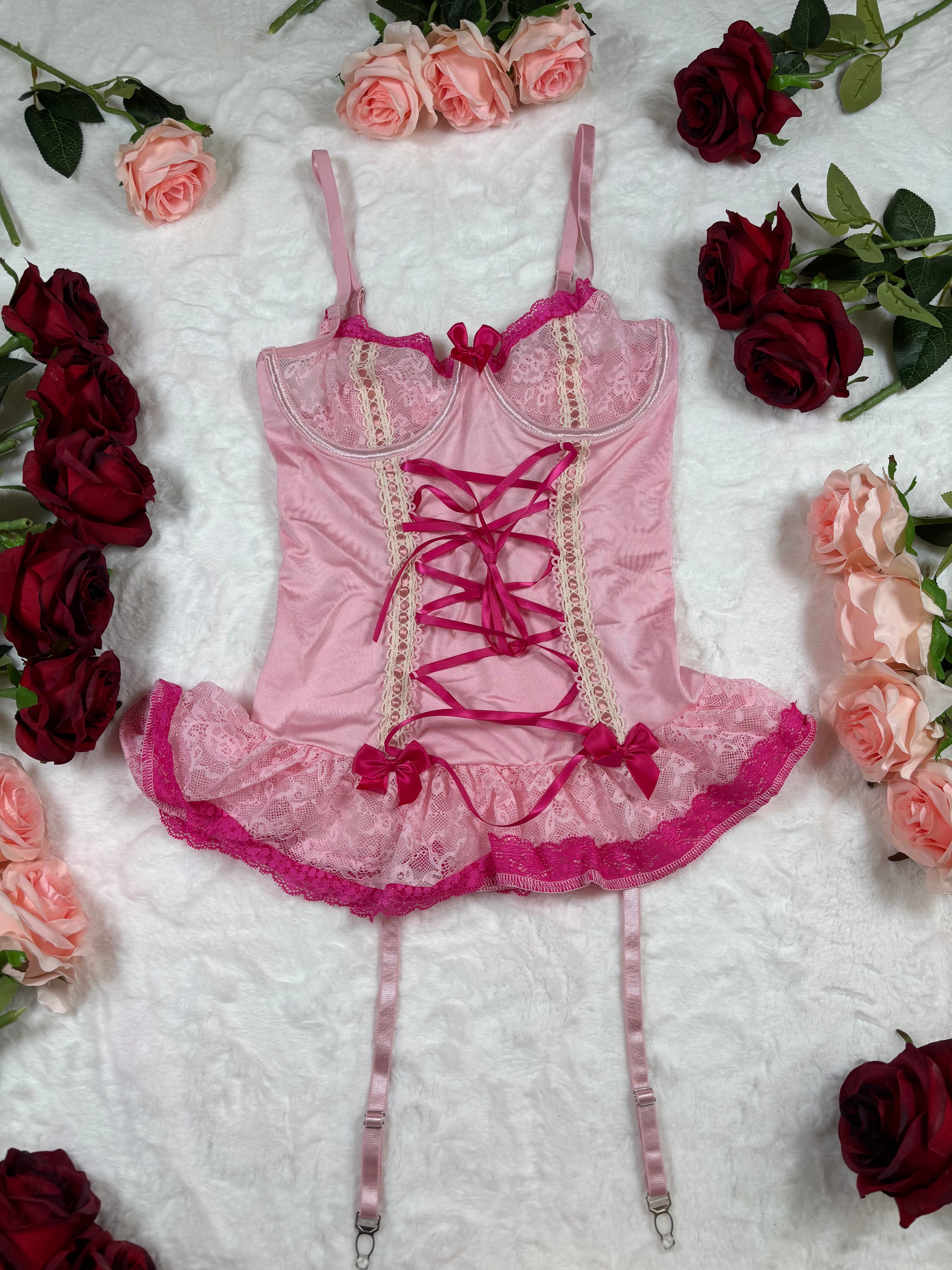 3 piece pink sheer corset set.