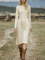 Women's Retro Western Crew-Neck Long-Sleeve Fringed Suede Velvet Dress