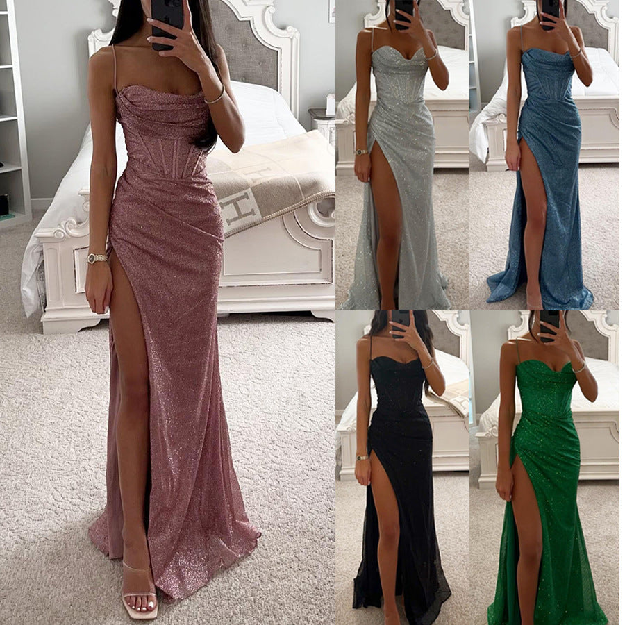 Women's V-Neck Split Maxi Dress - Elegant Sleeveless Evening Party Gown