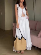 White Lace Patchwork Vest & Elastic Waist Skirt Suit