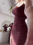 Burgundy Tie Shiny Slit Dress