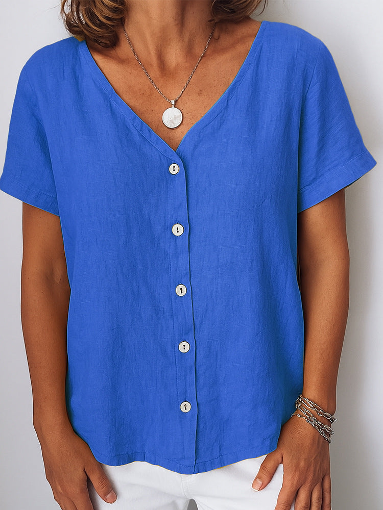 Casual Short-Sleeve V-Neck Cardigan Multi-Color Womens Shirt