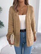 Women Solid Color Hollow Out Lantern Sleeve Long Sleeve Cardigan Sweater Coat