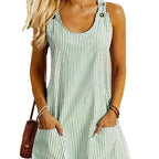 Summer Fashion Striped Patchwork Commuting U-Neck Sleeveless Pockets Back Button Casual Straight Slimming Mini Dress For Women
