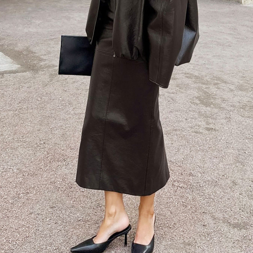 High-end PU Leather Midi Skirt